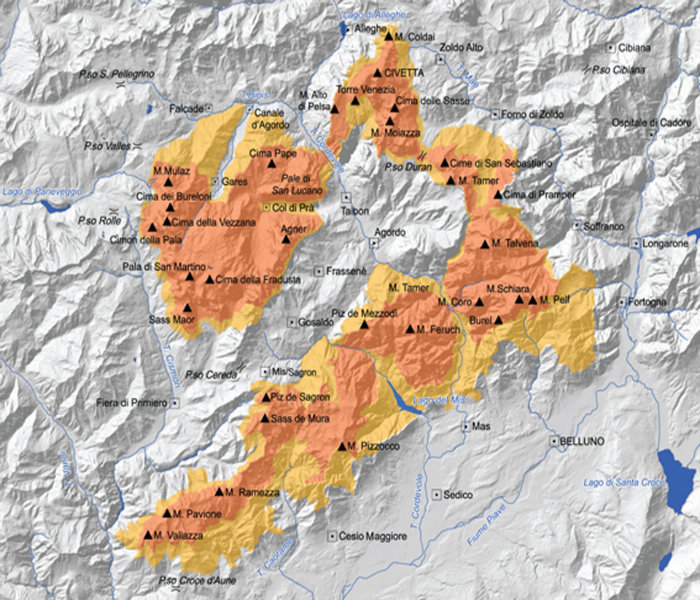 Sistema 3 - Mappa Pale di San Martino (immagine dal sito Dolomiti UNESCO)